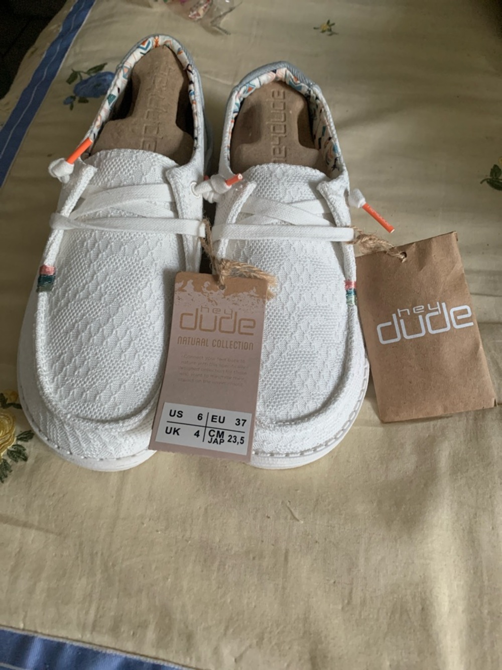 Hey Dude White Knit Slip-On Sneakers with Coral Accents